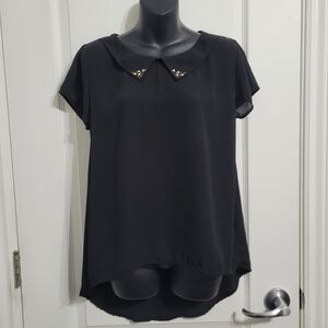 Xhilaration Black Semi-Sheer Hi-Low 💲2️⃣ Blouse Bead Accented Collar Sz Med